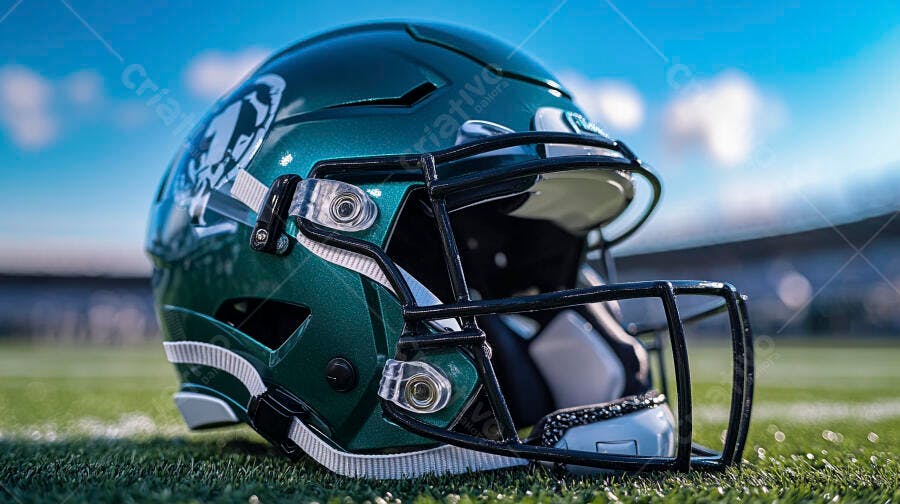 Capacete de futebol americano verde em campo gramado sob céu azul