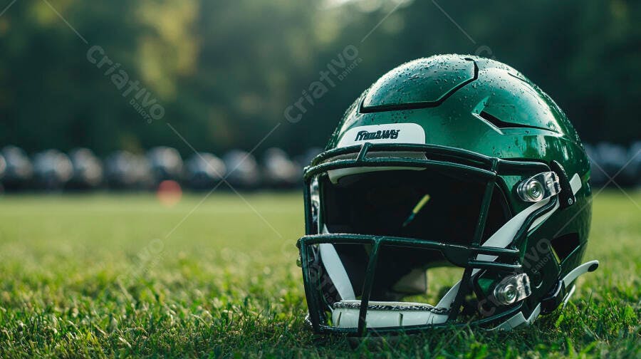 Capacete de futebol americano verde escuro no gramado molhado em campo de treino