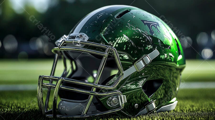 Capacete verde escuro de futebol americano em gramado pronto para o jogo