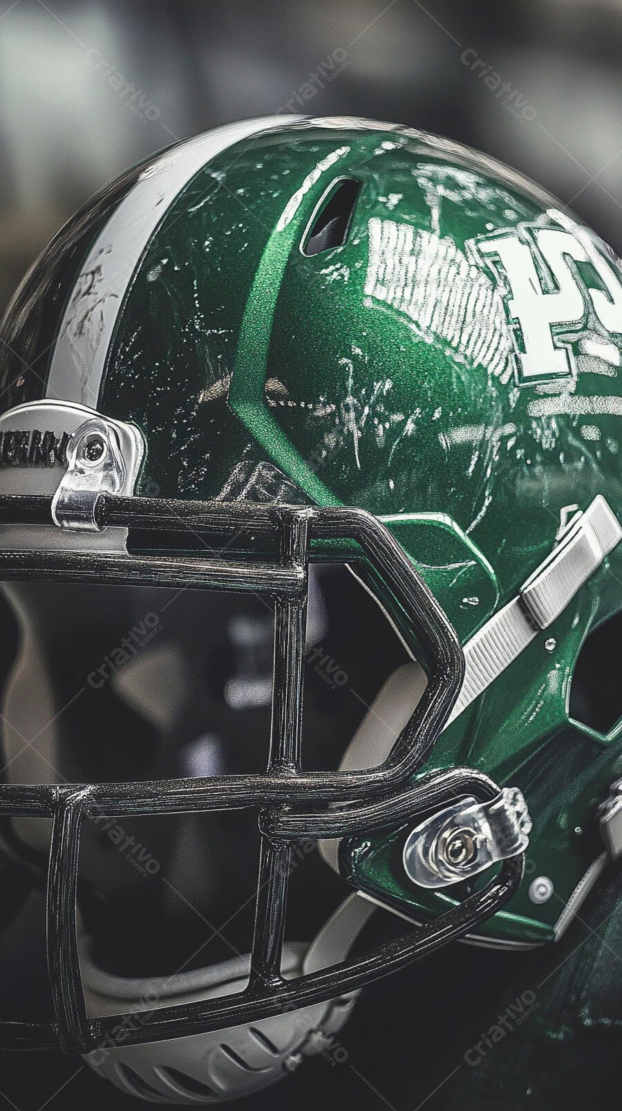 Capacete de futebol americano verde escuro com máscara preta e listras brancas