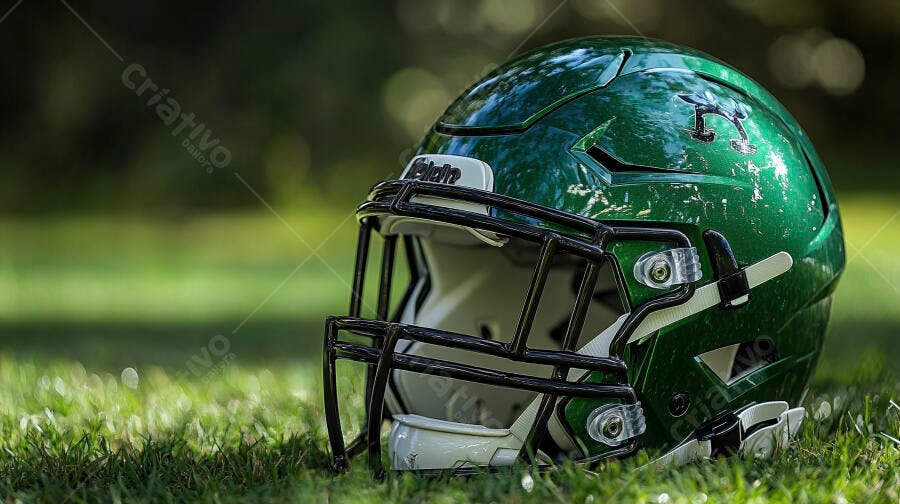 Capacete de futebol americano verde brilhante na grama do campo