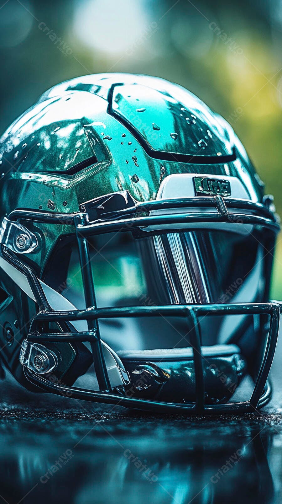 Capacete de futebol americano verde escuro molhado com grade preta
