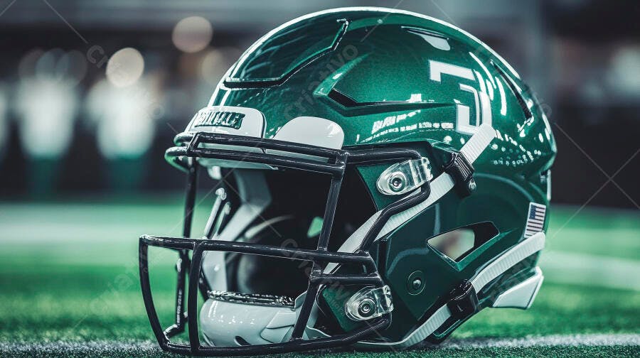 Capacete de futebol americano verde metálico em campo de grama sintética