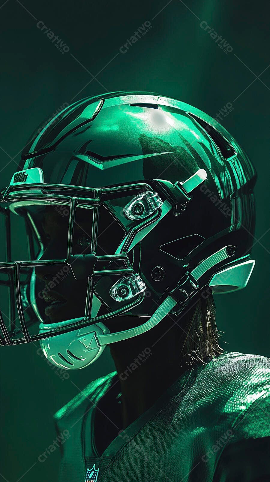 Jogador de futebol americano com capacete verde brilhante e uniforme escuro