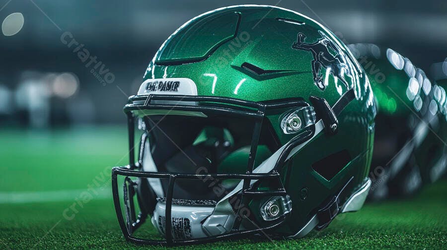 Capacete de futebol americano verde brilhante com logo de pantera em campo verde