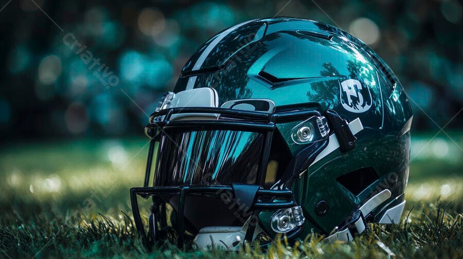 Capacete de futebol americano verde escuro com visor no gramado vibrante