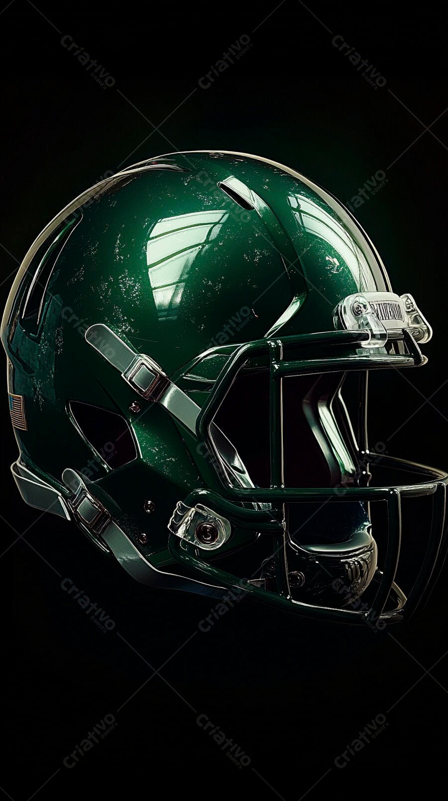 Capacete de futebol americano verde escuro brilhante com bandeira EUA em fundo preto