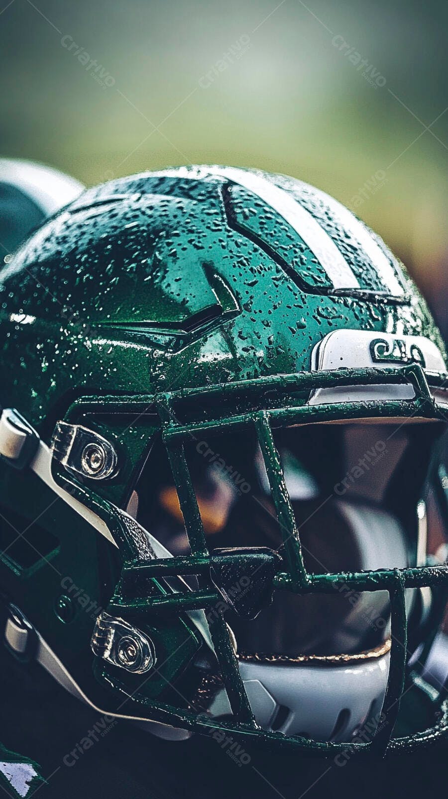 Capacete de futebol americano verde molhado no campo em dia de jogo