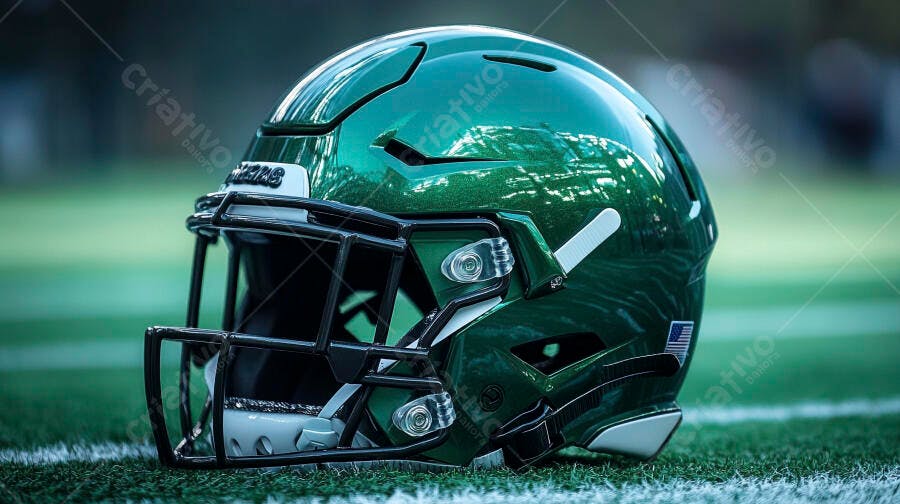 Capacete de futebol americano verde metálico em campo de gramado
