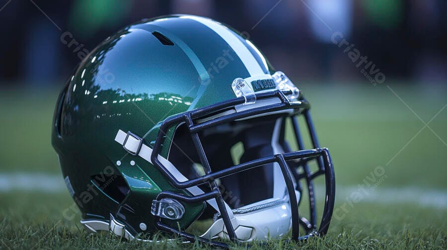 Capacete de futebol americano verde e branco em campo de grama