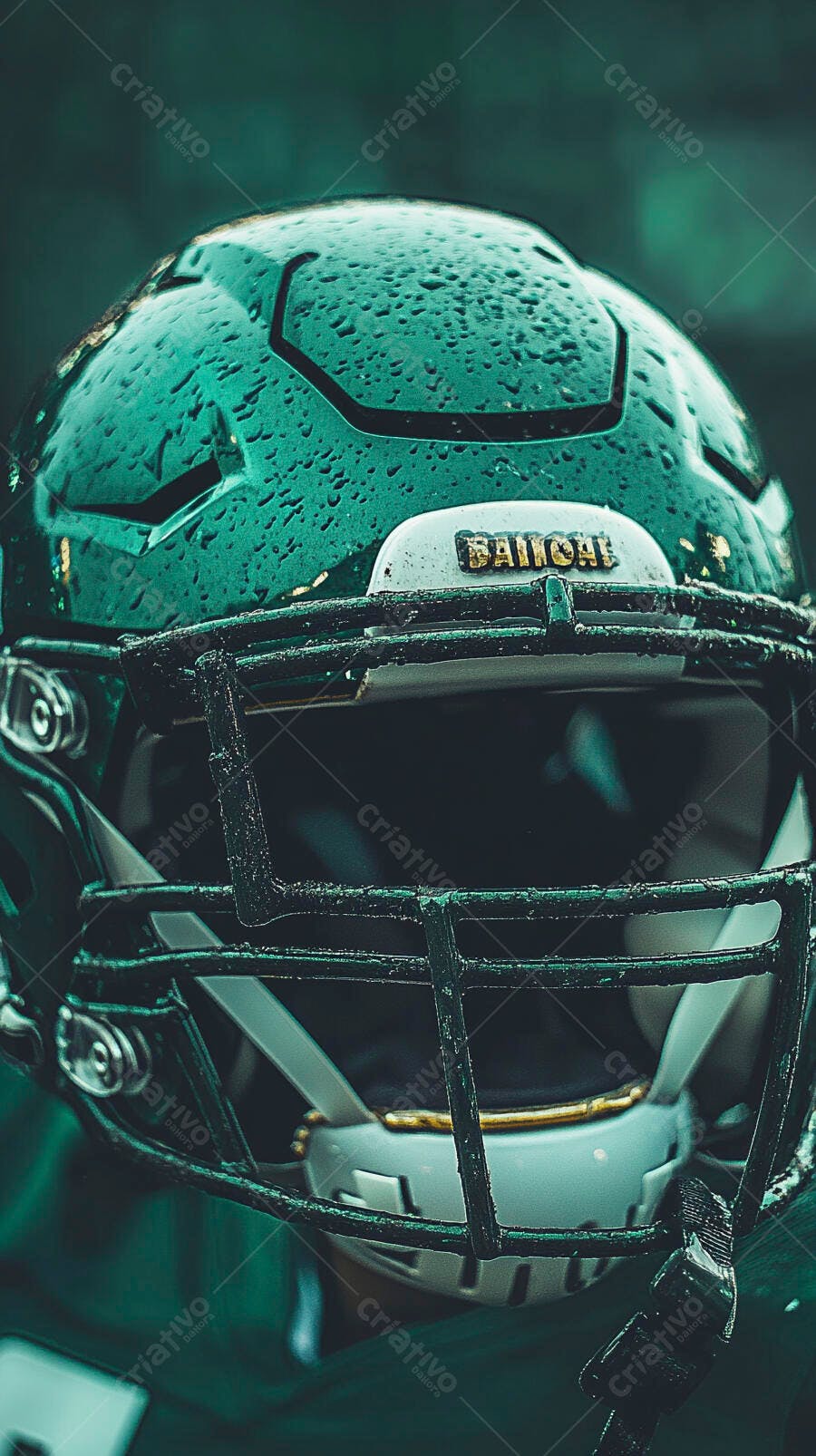 Capacete de futebol americano molhado em campo de jogo chuvoso