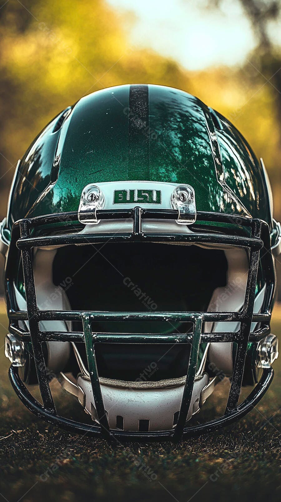 Capacete de futebol americano verde escuro no campo de grama