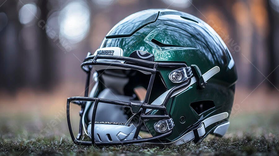 Capacete de futebol americano verde escuro no gramado em foco