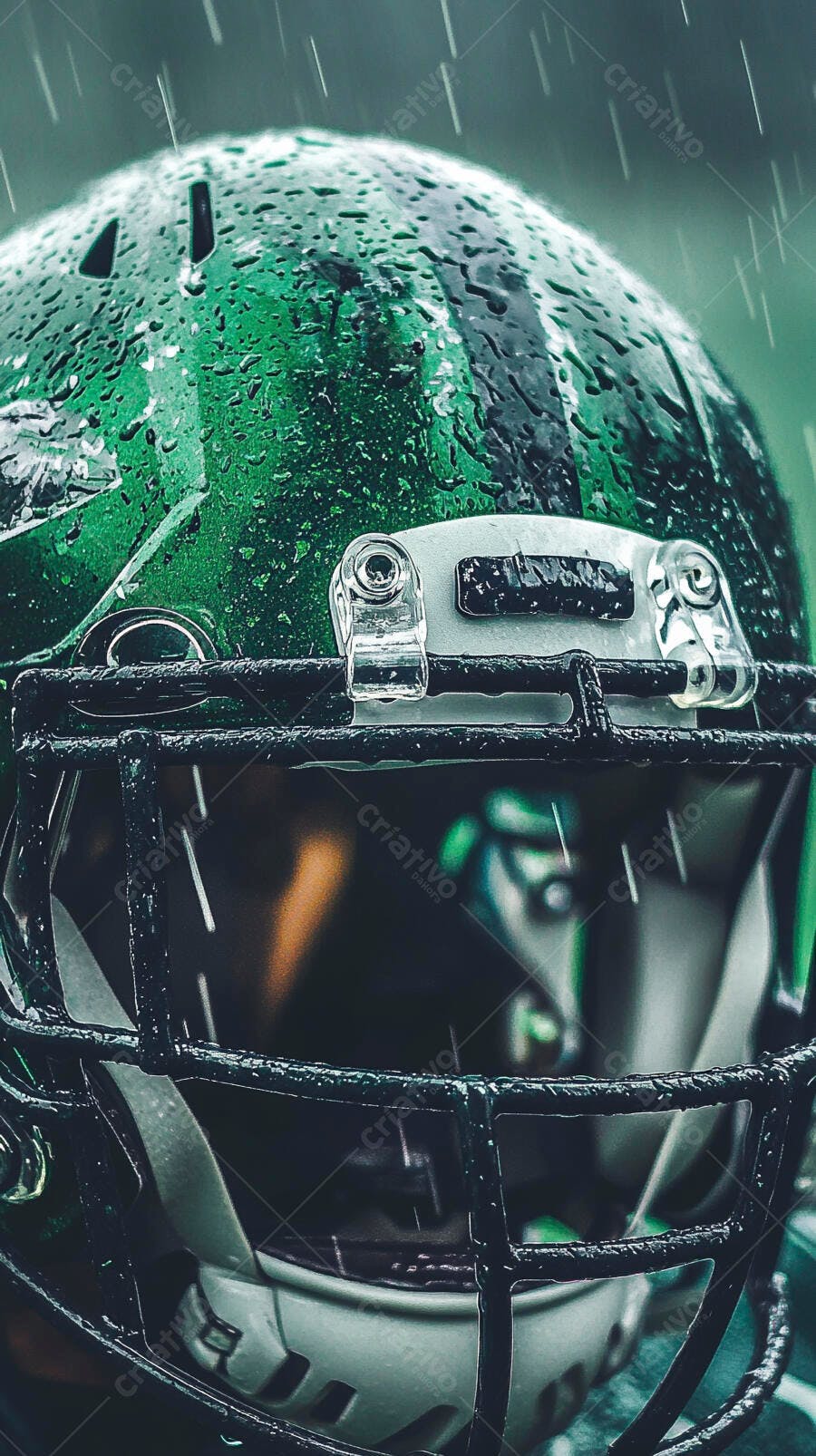 Capacete de futebol americano verde escuro molhado pela chuva