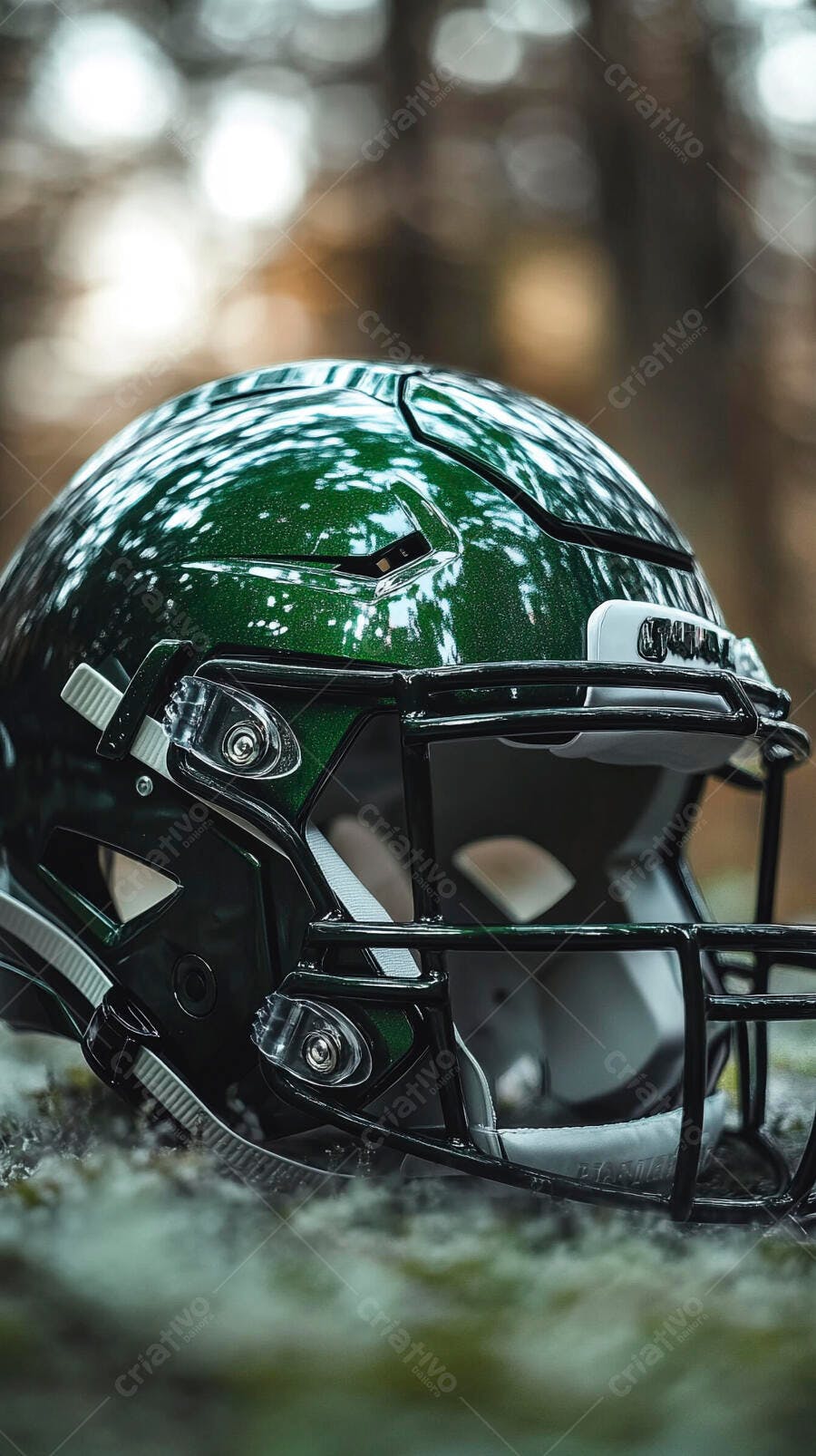 Capacete de futebol americano verde metálico com grade preta no chão da floresta
