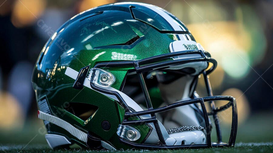 Capacete de futebol americano verde metálico em campo de grama