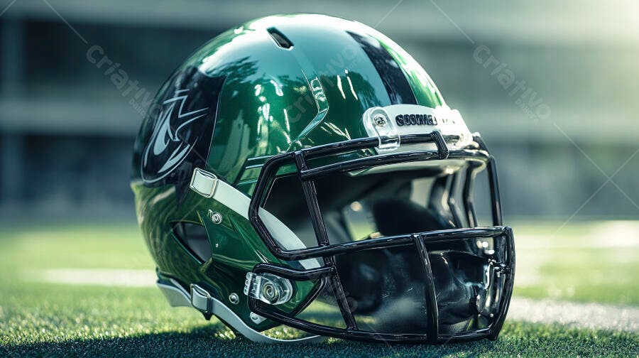 Capacete de futebol americano verde escuro e preto em campo de jogo
