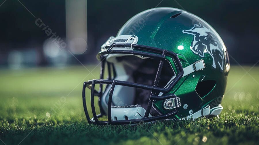 Capacete de futebol americano verde metálico em campo de grama