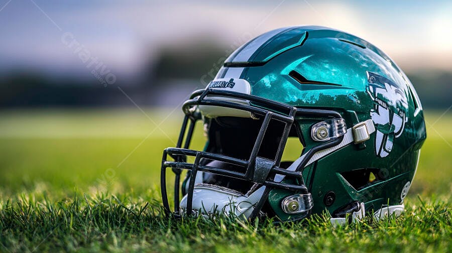 Capacete de futebol americano verde escuro sobre gramado ao entardecer