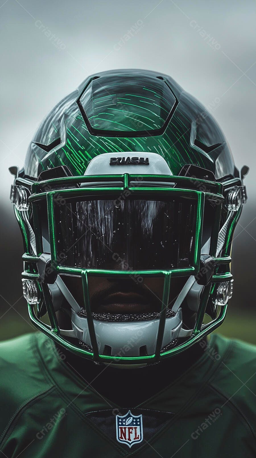 Jogador de futebol americano com capacete verde escuro NFL