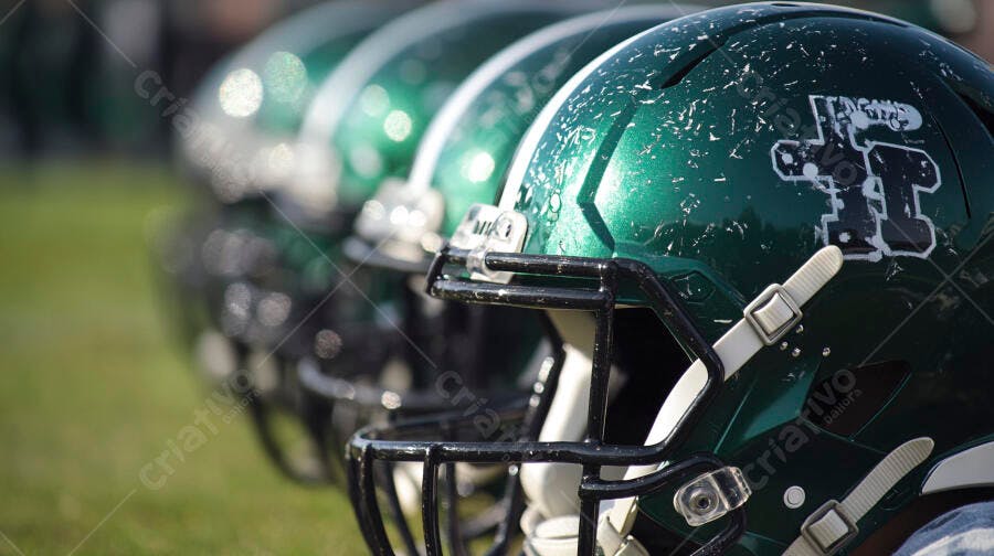 Capacetes de futebol americano verdes alinhados em campo de grama