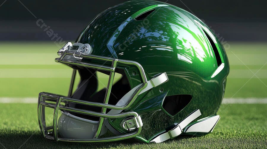Capacete de futebol americano verde metálico em campo de grama