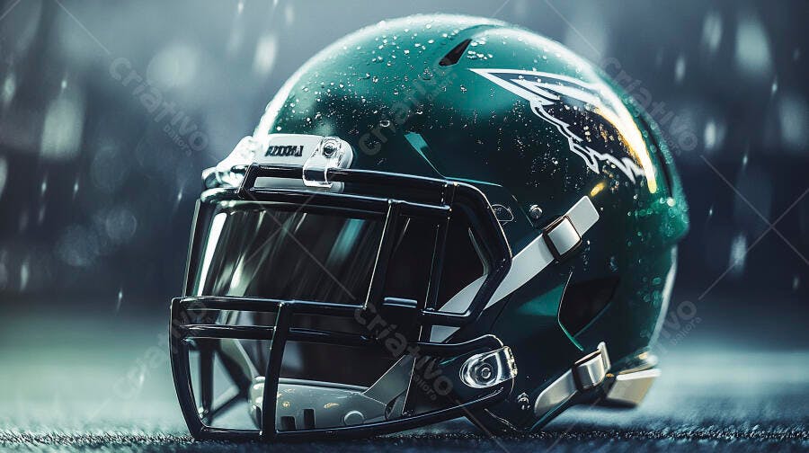 Capacete de futebol americano verde escuro molhado em campo de jogo com chuva