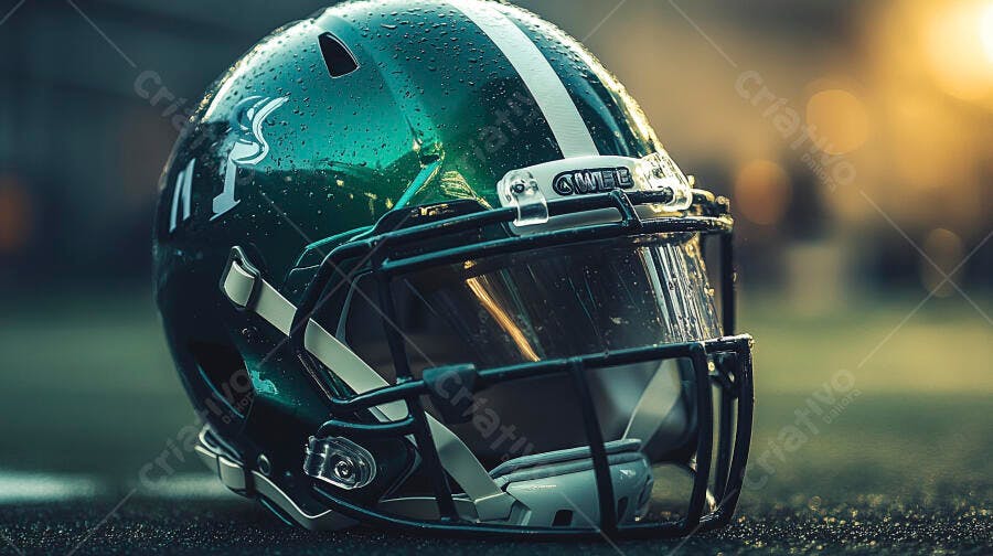 Capacete de futebol americano verde molhado no campo ao entardecer