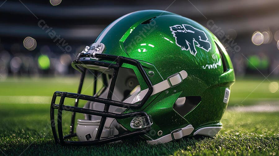 Capacete de futebol americano verde metálico em campo de grama com logo de búfalo