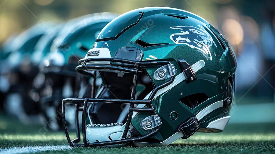 Capacete de futebol americano verde escuro em campo gramado