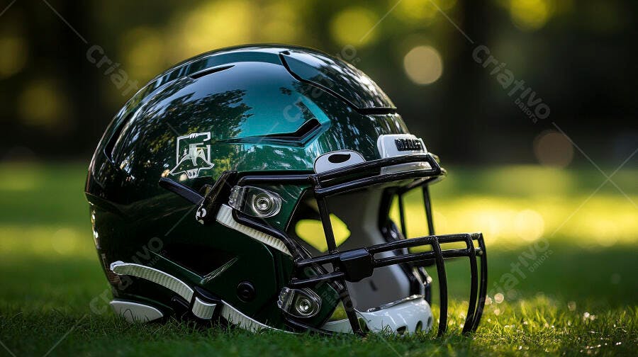 Capacete de futebol americano verde escuro no gramado do campo refletindo luz