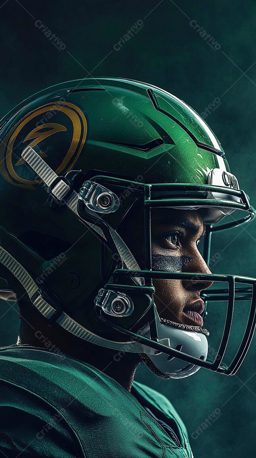 Jogador futebol americano jovem etnia negra capacete verde e dourado
