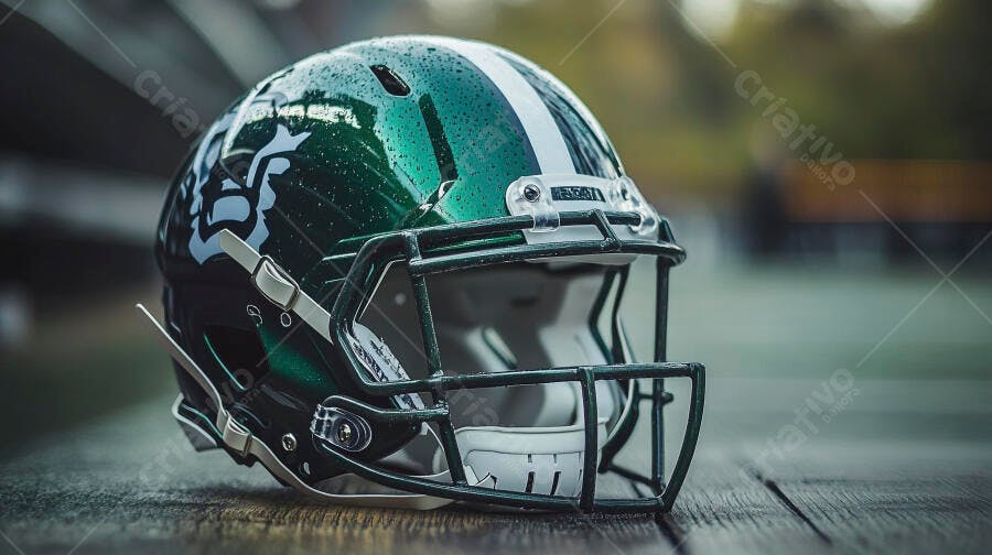 Capacete de futebol americano verde escuro com gotas d'água sobre madeira