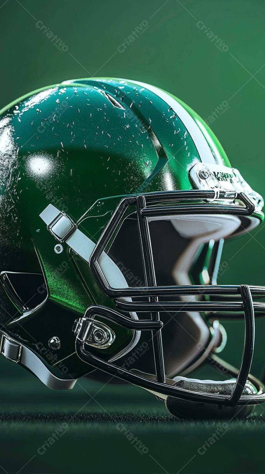 Capacete de futebol americano verde em campo de grama