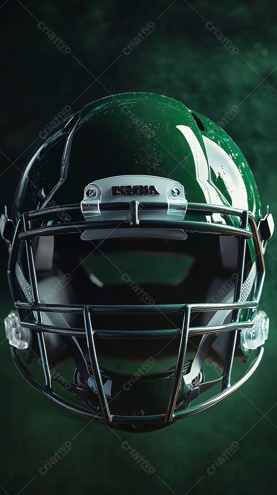 Capacete de futebol americano verde esmeralda com grade metálica e gotas de água