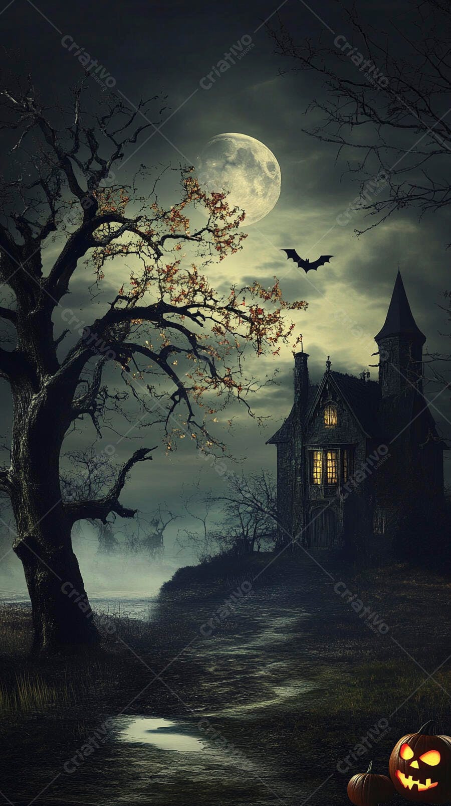 Casa mal-assombrada sob lua cheia com morcego voando e abóboras Halloween