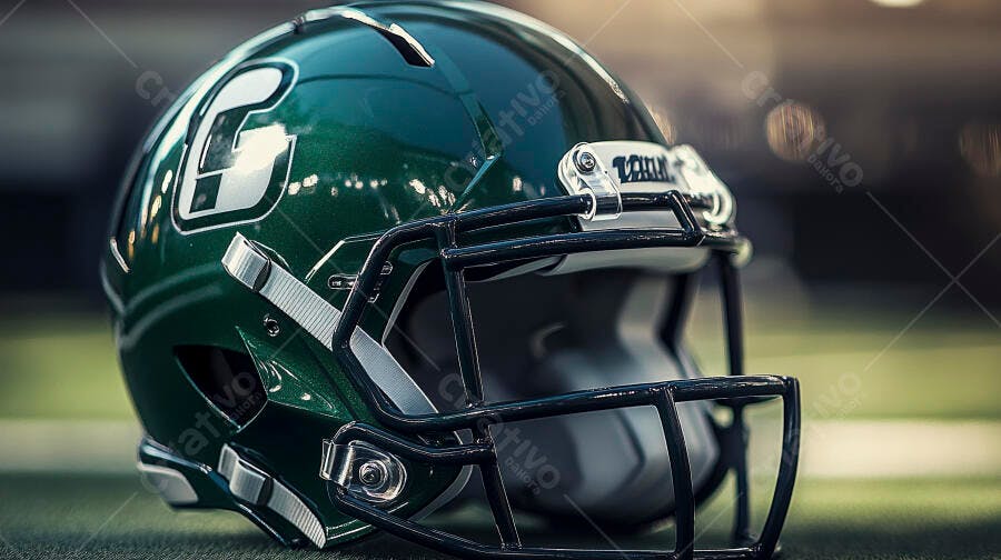 Capacete de futebol americano verde escuro com máscara preta em campo