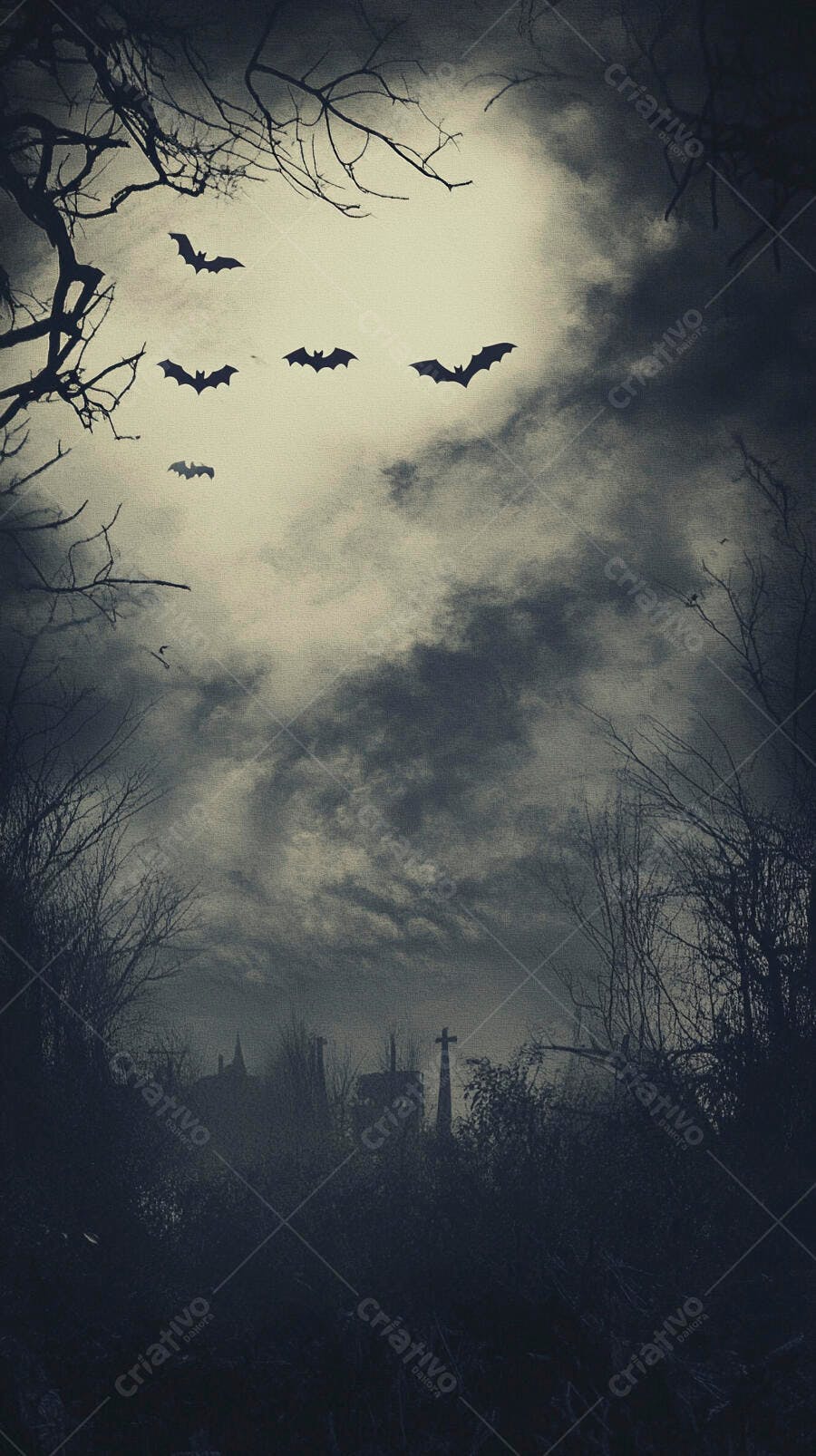 Morcegos voando em céu noturno escuro sobre cemitério assustador Halloween
