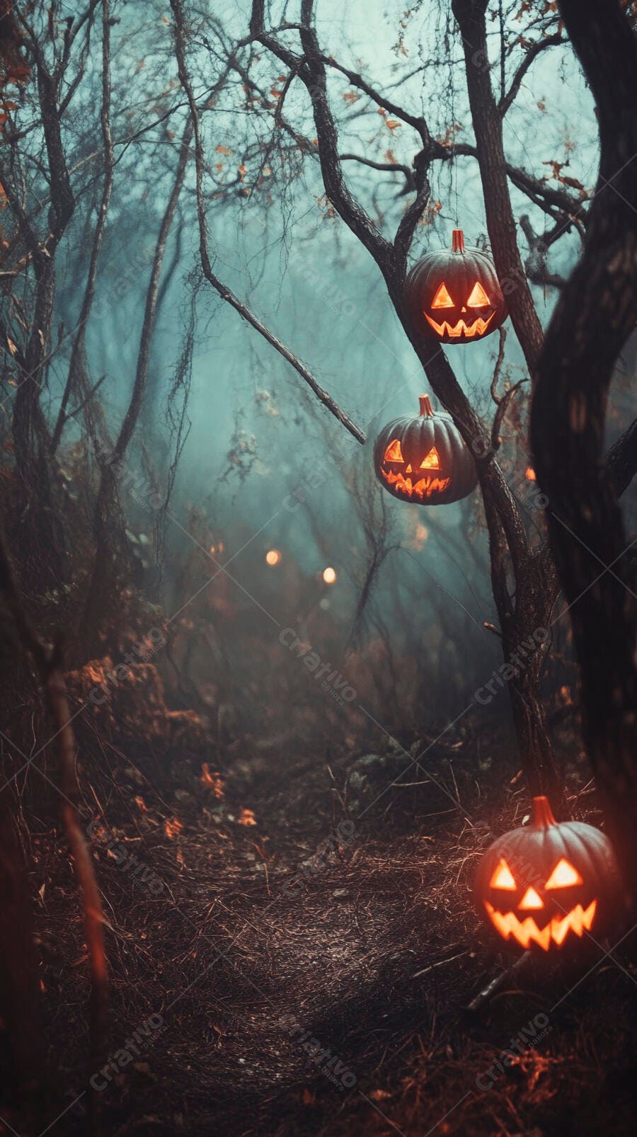 Abóboras de Halloween iluminadas na floresta assustadora com neblina noturna e luz laranja