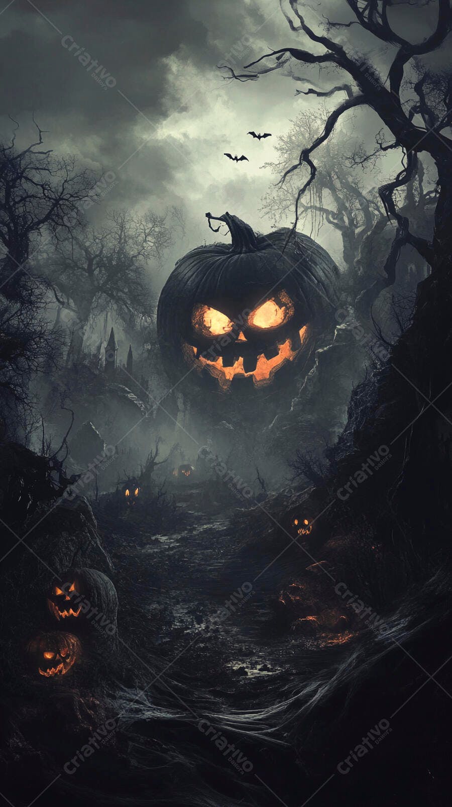 Abóbora gigante de Halloween em floresta escura com morcegos ao anoitecer