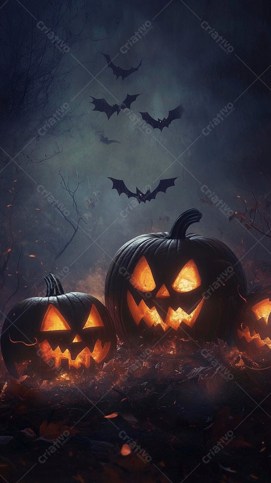 Abóboras de Halloween esculpidas com morcegos voando na noite escura