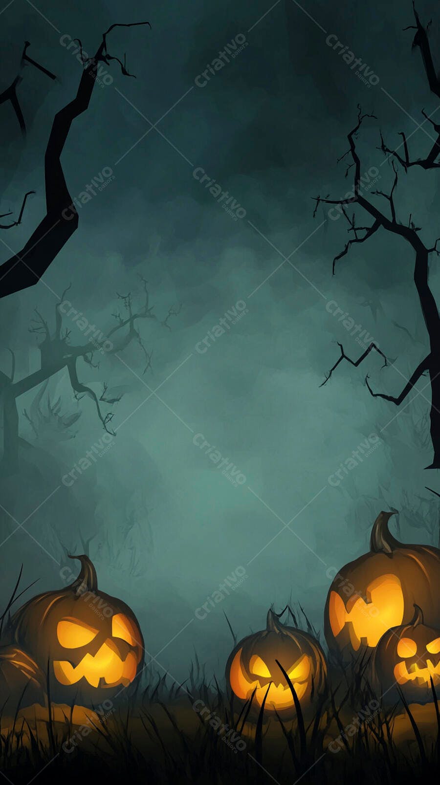 Abóboras de Halloween brilham na floresta escura e nebulosa