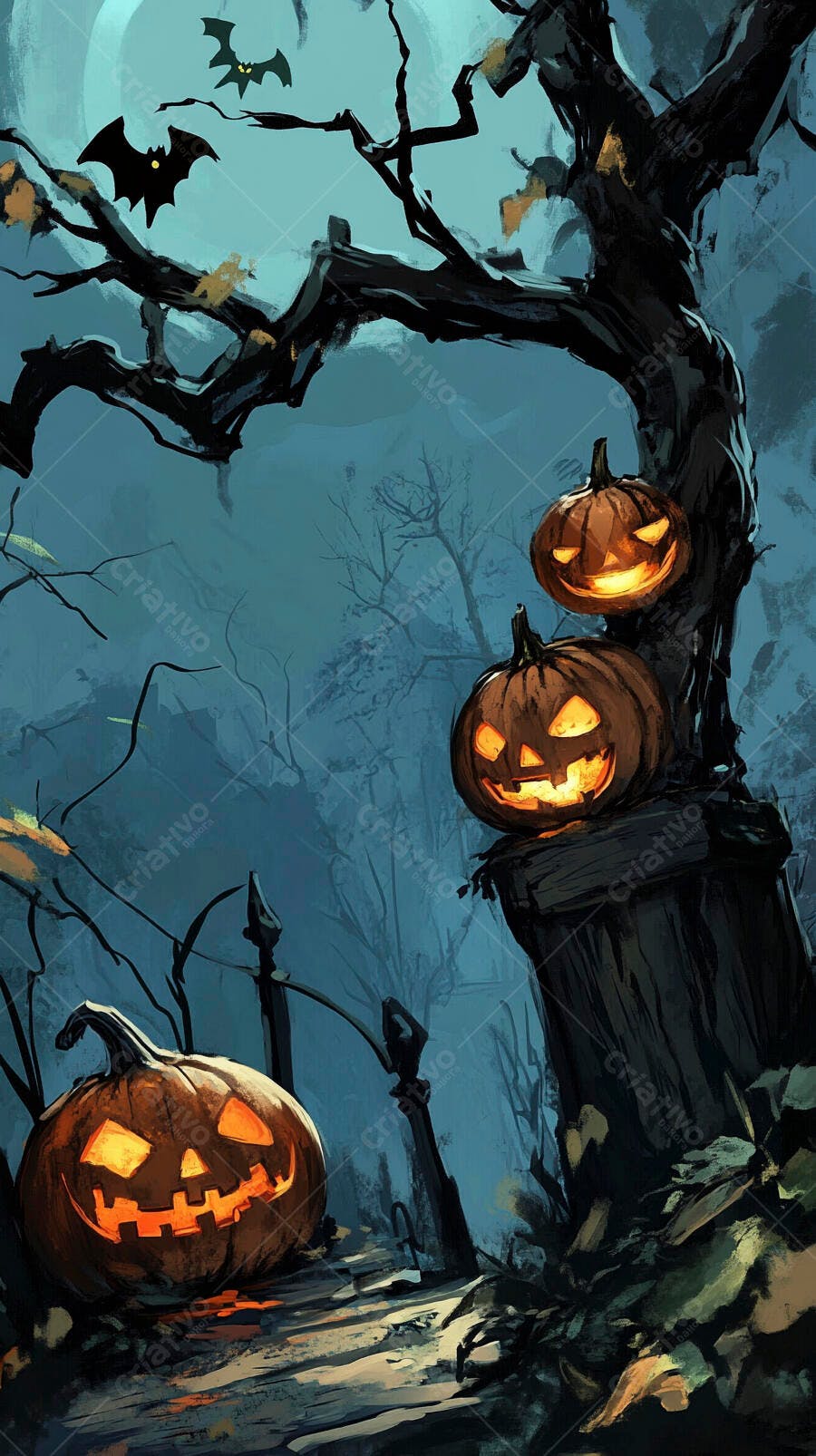 Abóboras de Halloween iluminadas em cemitério assustador com morcegos e árvores secas