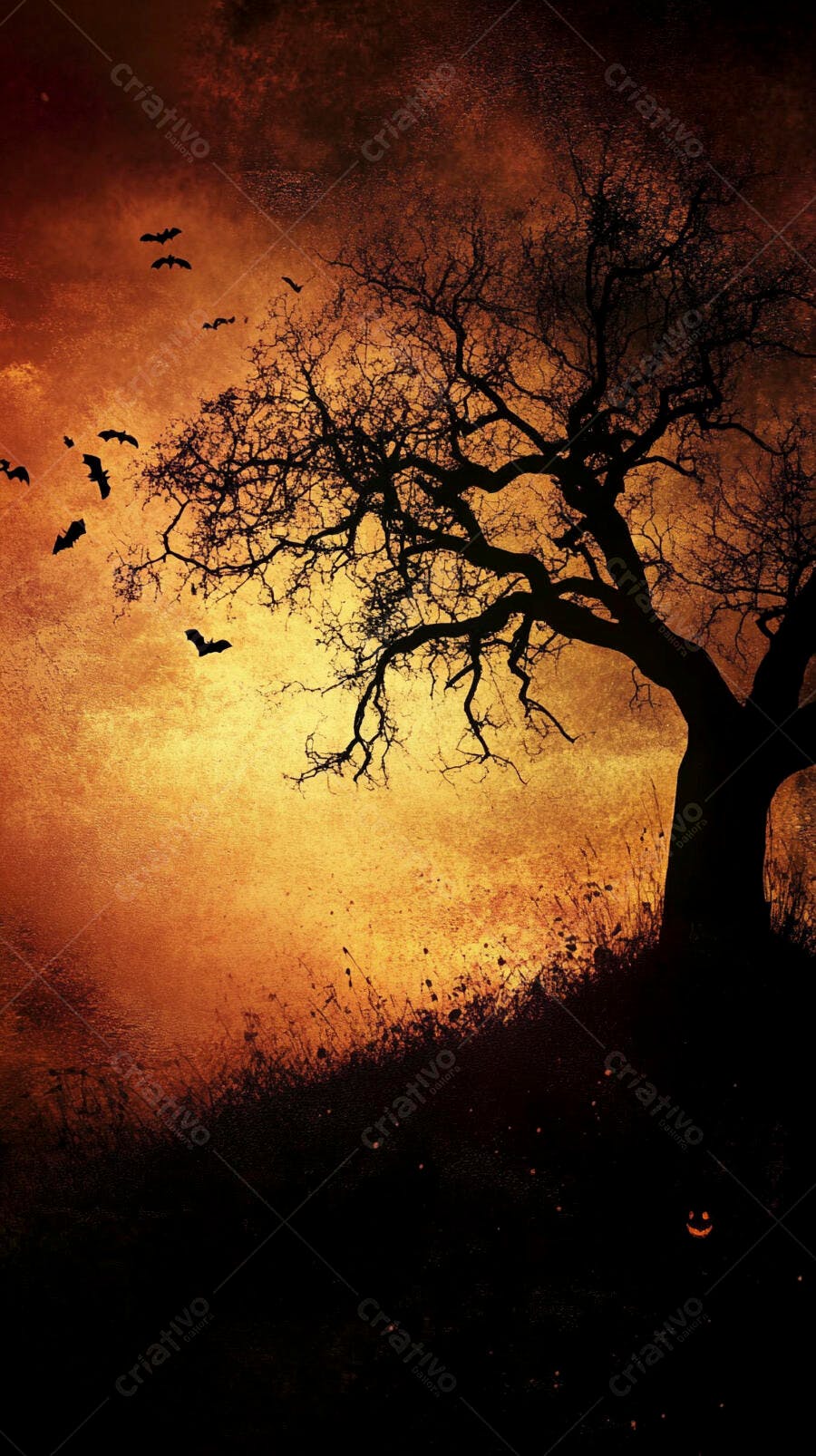 Árvore assustadora e morcegos voando noite Halloween