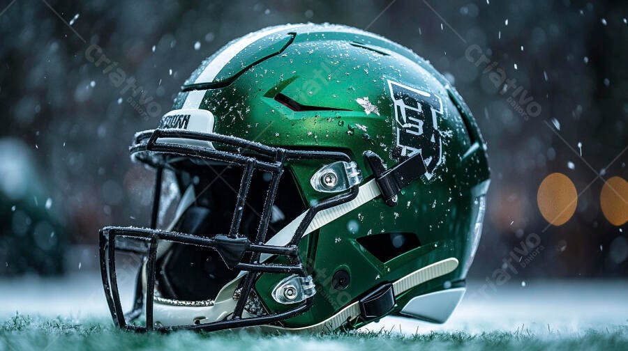 Capacete de futebol americano verde coberto de neve em campo gelado