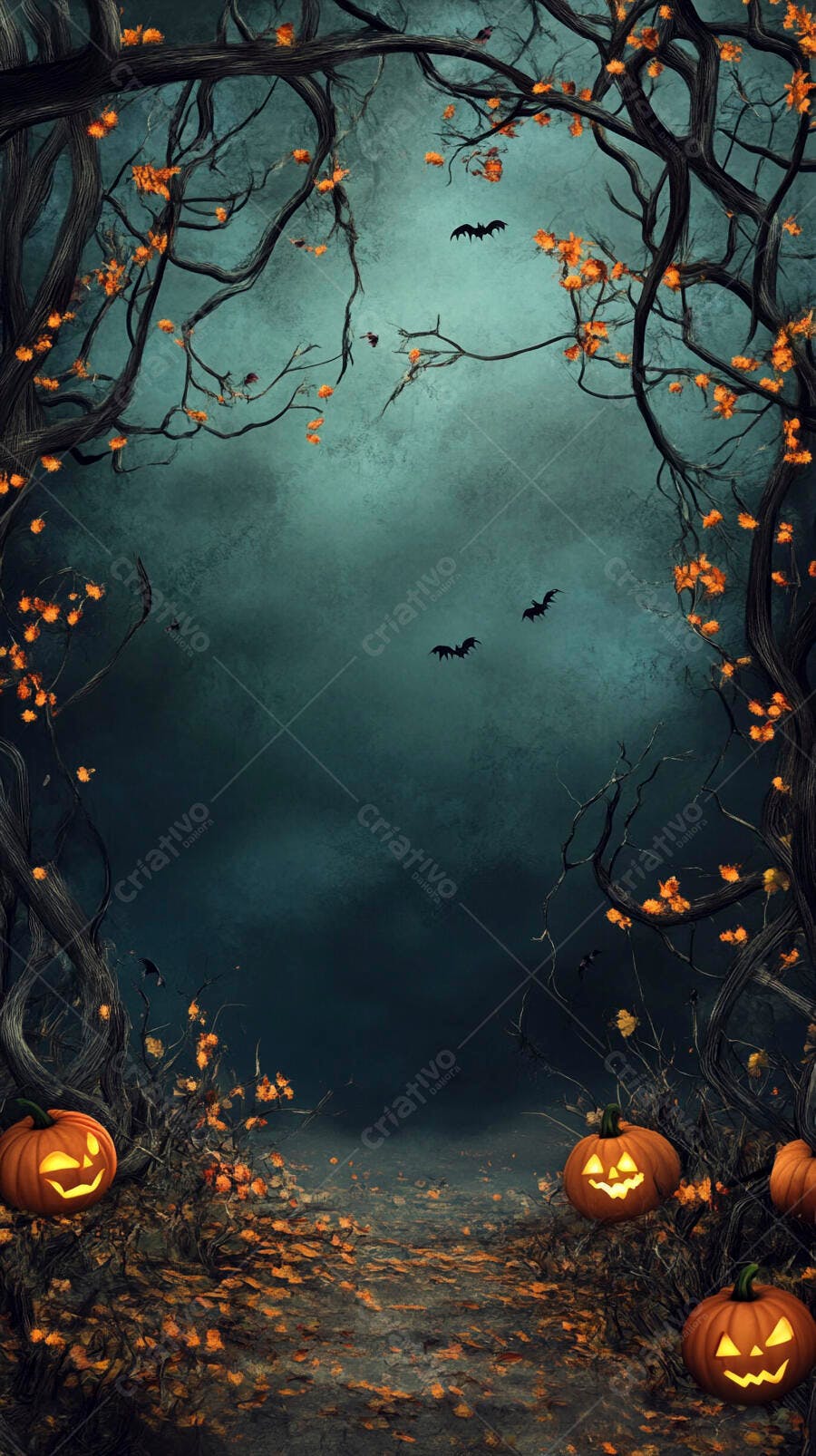 Abóbora de Halloween iluminada em floresta escura com morcegos ao entardecer