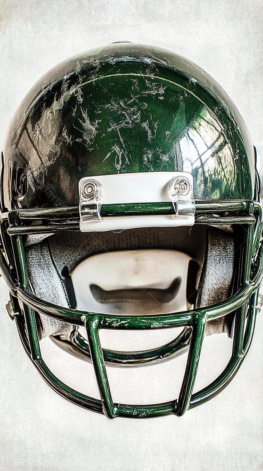 Capacete de futebol americano verde escuro desgastado em fundo claro