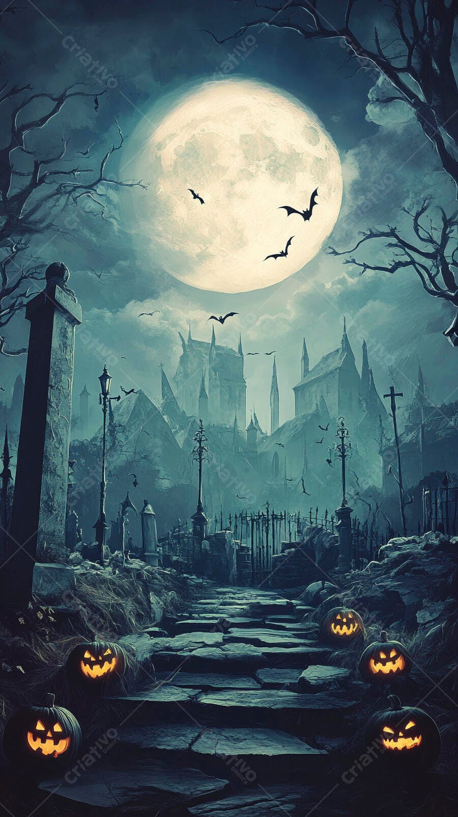 Noite de Halloween com morcegos lua cheia cemitério e castelo assombrado