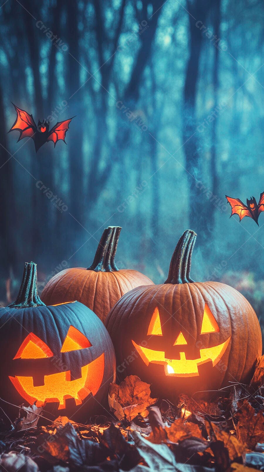 Três abóboras iluminadas de Halloween com morcegos em floresta azul noturna