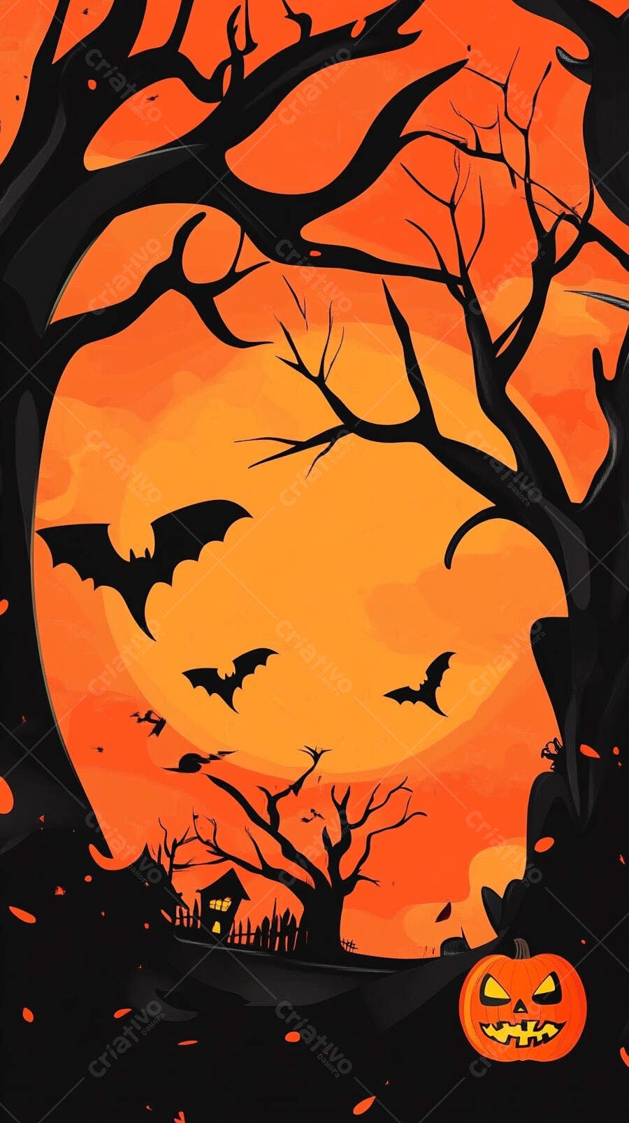 Noite de Halloween com morcegos voando, árvores secas e abóbora assustadora